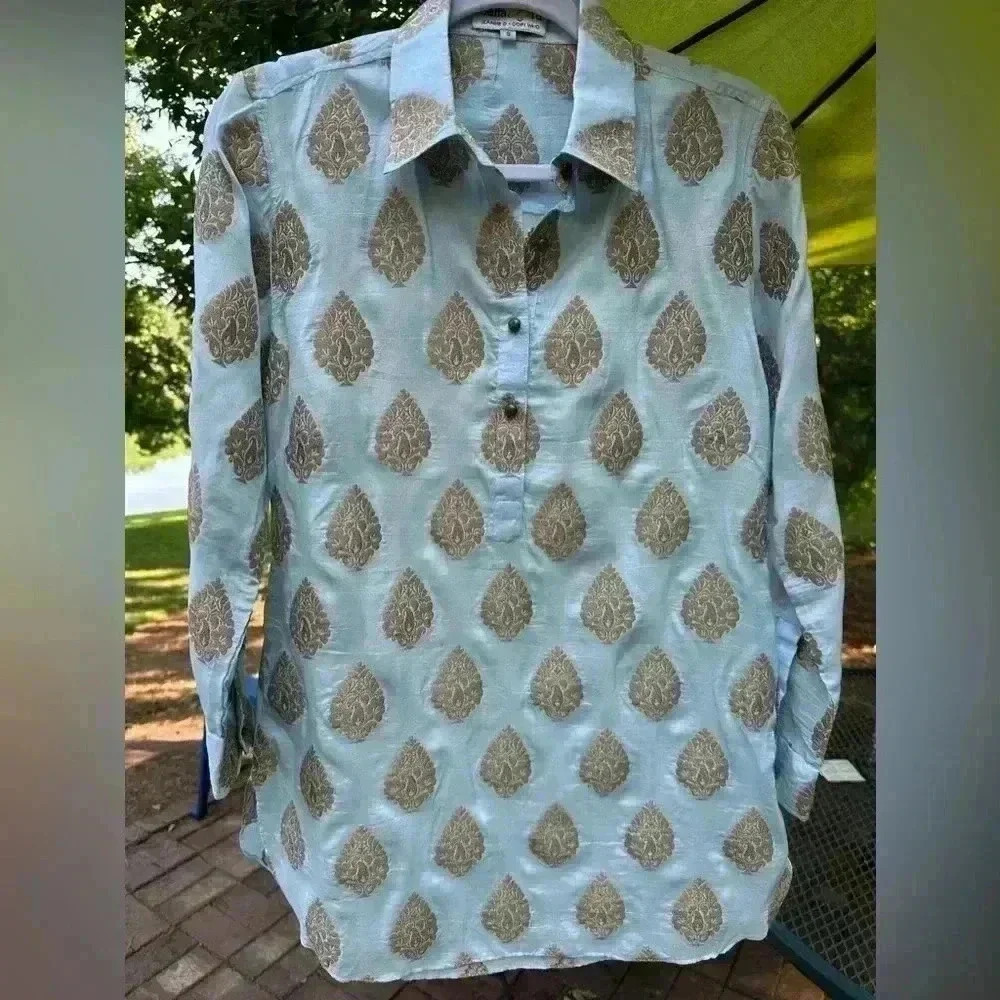 Bella Tu popover tunic Blue gold Small classy contemporary casual artsy - Picture 3 of 13